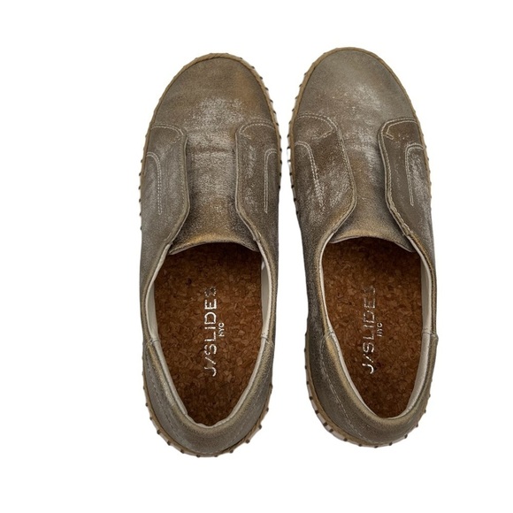 J Slides Metallic Gold Leather Cork Insole Slip On Flat Shoes Size 7 Women's - Picture 3 of 9